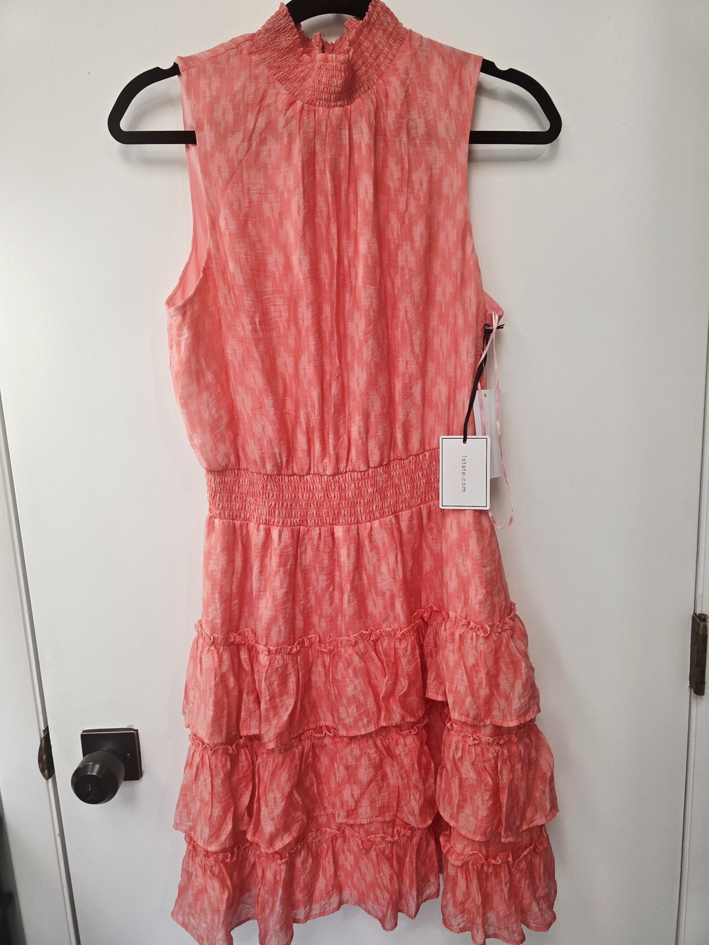 1. State Coral Sleeveless Mock Neck Tired Ruffle Minidress-Medium NWT